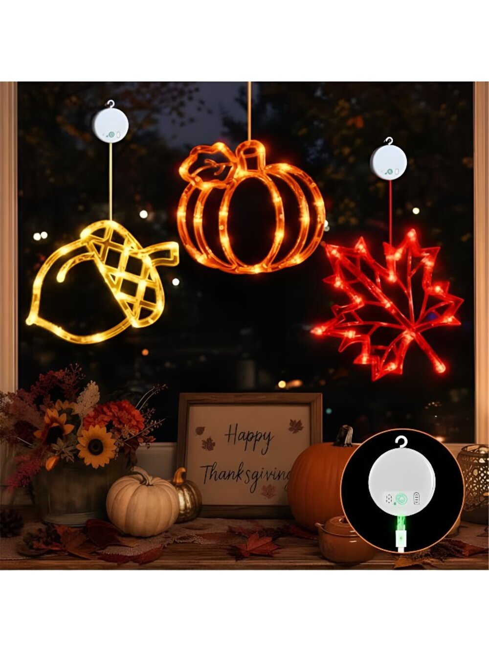 Acorn Maple Leaves Pumpkin Thanksgiving Lights, 3 Pack Rechargeable